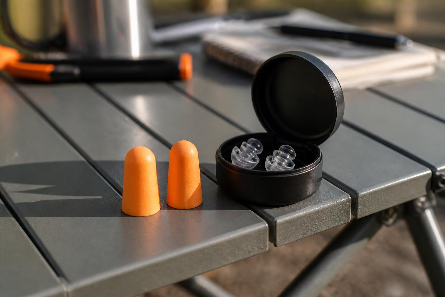 Une paire de bouchons d'oreilles en mousse orange posée à côté d'un étui de bouchons filtrés, sur une table de camping.