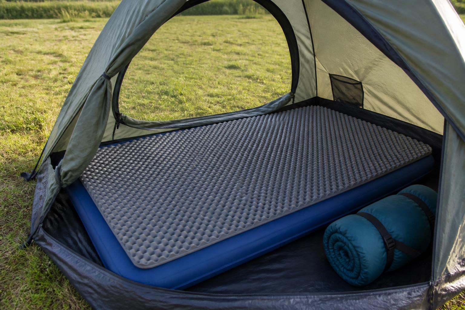 Un tapis de mousse déroulé sur un matelas gonflable dans une tente ouverte sur l'herbe