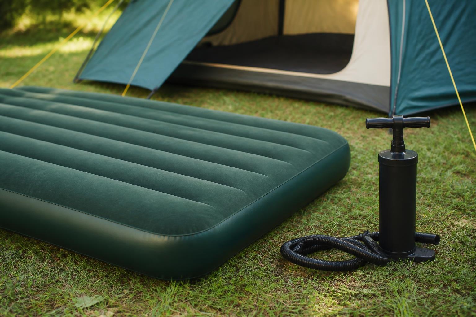 Un matelas gonflable posé sur l'herbe devant une tente de camping, une pompe à main à côté