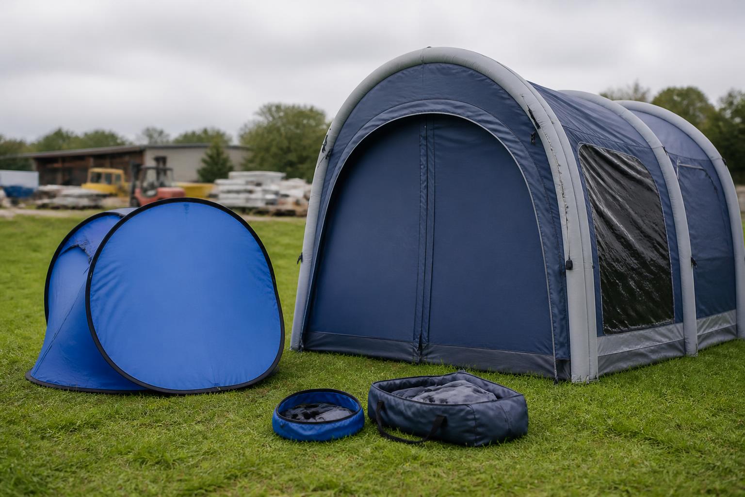 Une tente pop-up ronde posée sur l'herbe à côté d'une tente gonflable plus haute, sous un ciel gris