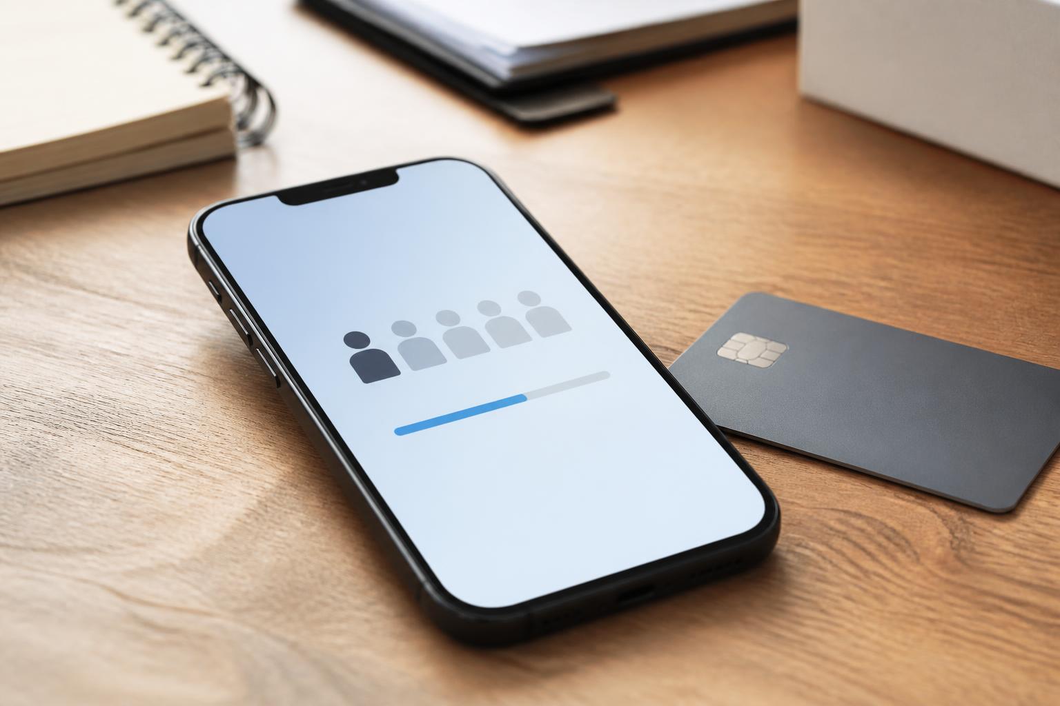 Un téléphone posé sur une table, écran allumé sur une page d'attente, à côté d'une carte bancaire