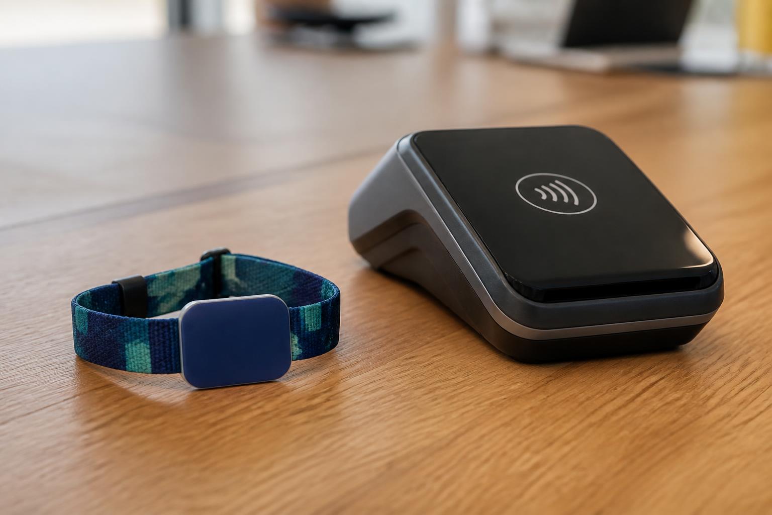 Un bracelet cashless à puce posé sur une table, à côté d'un terminal de paiement sans contact